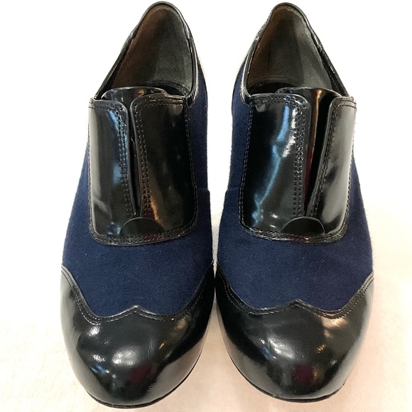 Black/Blue Leather Pull On Tory Burch Leighton Chunky Block Heel Booties Sz 7.5M - Picture 4 of 16